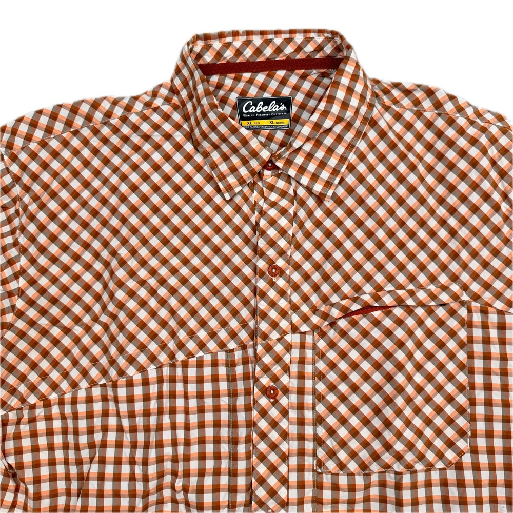 Cabelas Guidewear Mens XL Orange Gingham Nylon Fishing Shirt Short Sleeve